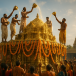 मीनाक्षी मंदिर कुंभाभिषेकम के दौरान सोने का गोपुरम, पुजारी गलते पानी डालते हुए, फूलों की माला और भक्तिपूर्ण वातावरण
