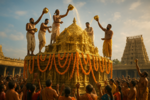 Meenakshi Temple Kumbabishekam ceremony with sacred rituals and devotees gathering