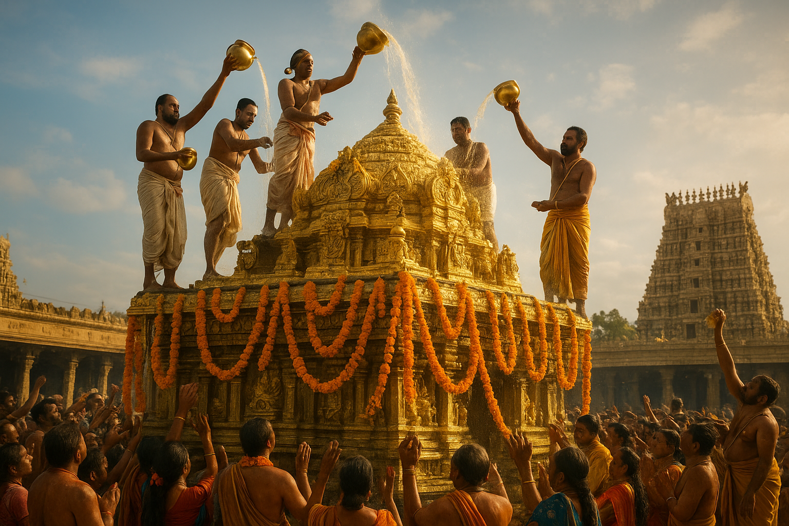 Meenakshi Temple Kumbabishekam ceremony with sacred rituals and devotees gathering