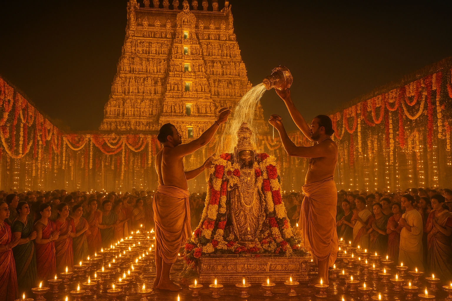 मीनाक्षी मंदिर कुंभाभिषेकम का पवित्र अनुष्ठान, जलती हुई दीपें और फूलों से सजा हुआ मंदिर