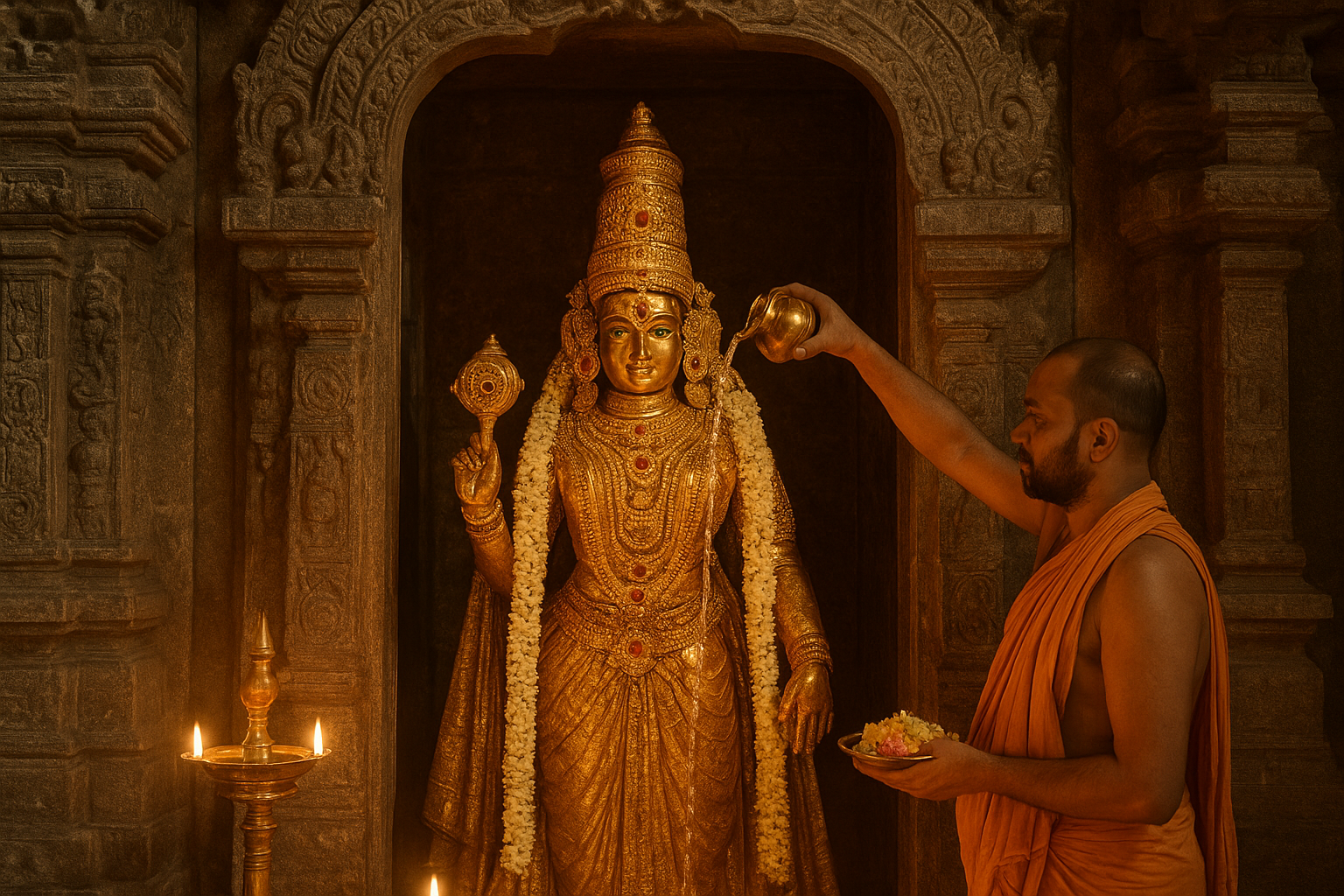 Maa Meenakshi Temple consecration ceremony with priests performing sacred rituals and mantras