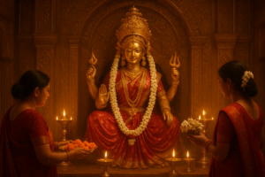 ओंकारिया अष्टमी पर देवी दुर्गा का सुंदर शृंगार, जलती दीपों की रोशनी और फूलों की सुगंध में पूजा का दृश्य