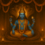 परिवर्तिनी एकादशी पर भगवान विष्णु का दिव्य रूप, सोने के आभूषण, दीपों की रोशनी और पीले फूलों की माला