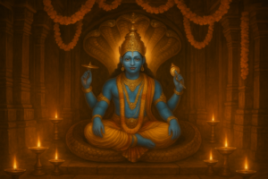 Devotee performing Parivartini Ekadashi vrat with Lord Vishnu worship at home altar