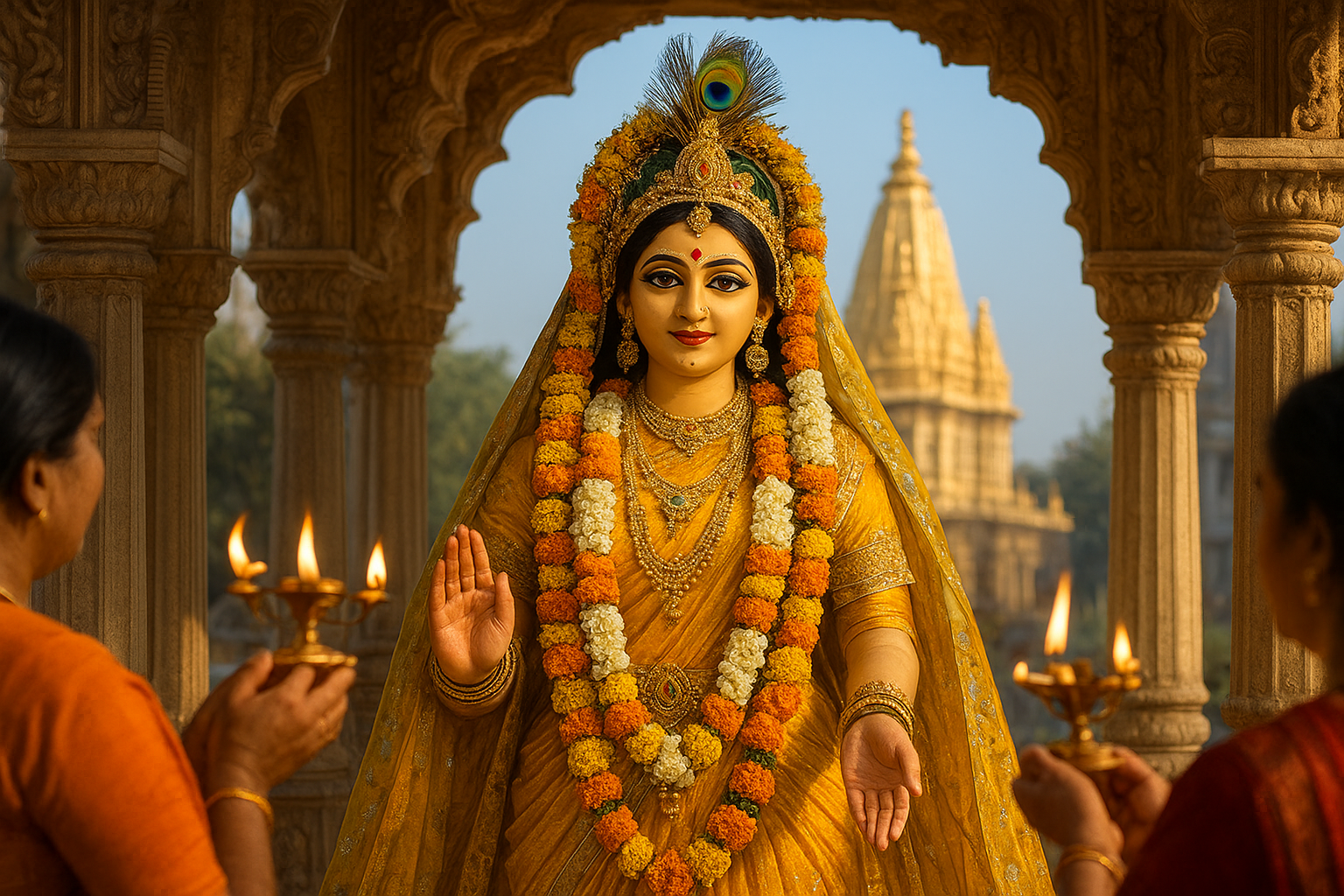 राधा अष्टमी बरसाना में राधा का सुंदर श्रृंगार, फूलों की माला, जलते दीप और सोने का मंदिर