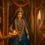 राधा अष्टमी व्रindavan में बांके बिहारी मंदिर में राधा की सजी हुई मूर्ति, फूलों की माला और जलती आरती की रोशनी