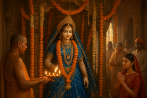 Radha Ashtami in Vrindavan celebrations with temple decorations and devotee worship