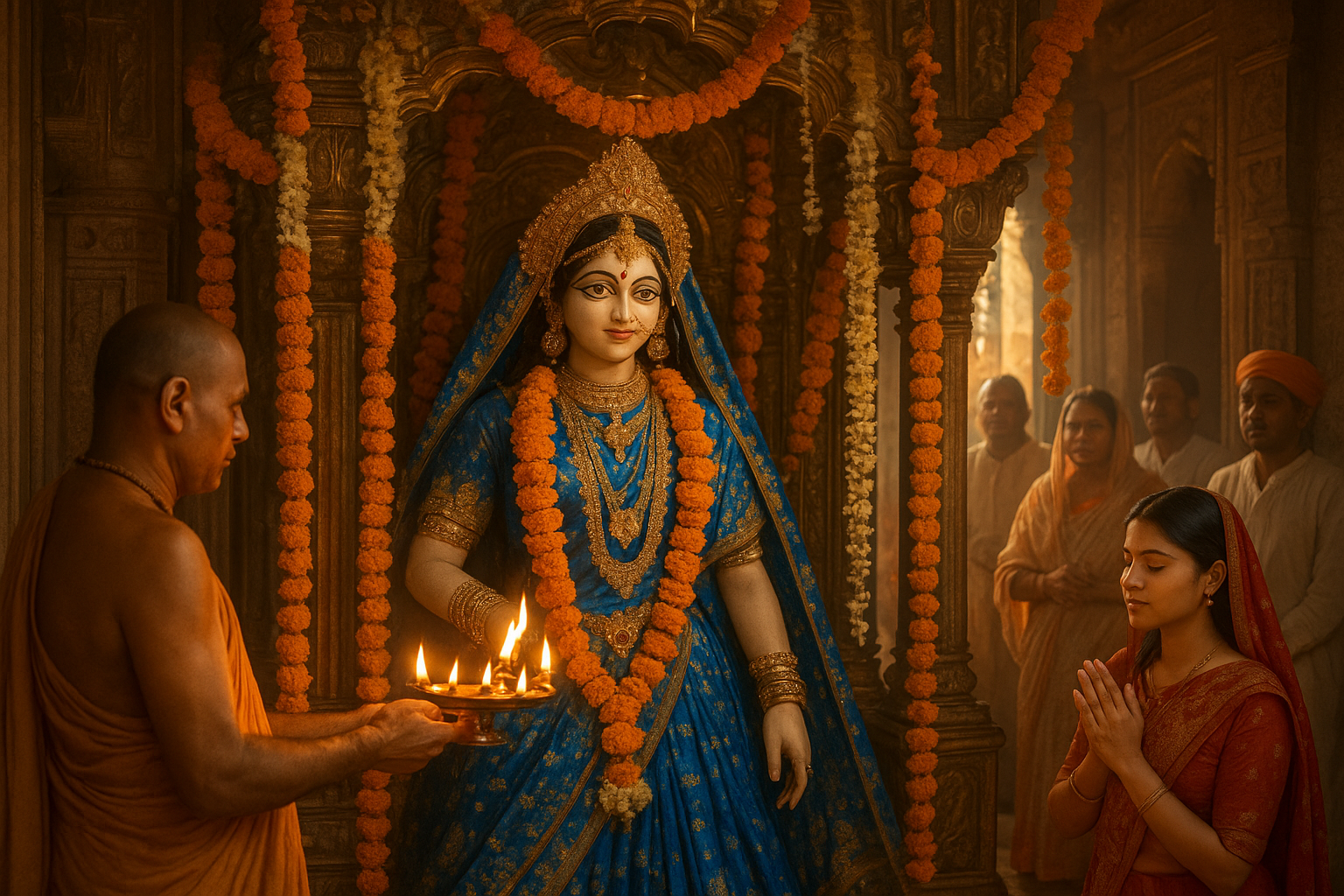 राधा अष्टमी व्रindavan में बांके बिहारी मंदिर में राधा की सजी हुई मूर्ति, फूलों की माला और जलती आरती की रोशनी
