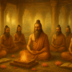 ऋषि पंचमी का महत्व दिखाते हुए सात ऋषि ध्यान में बैठे हैं, पवित्र अग्नि और कमल के फूल