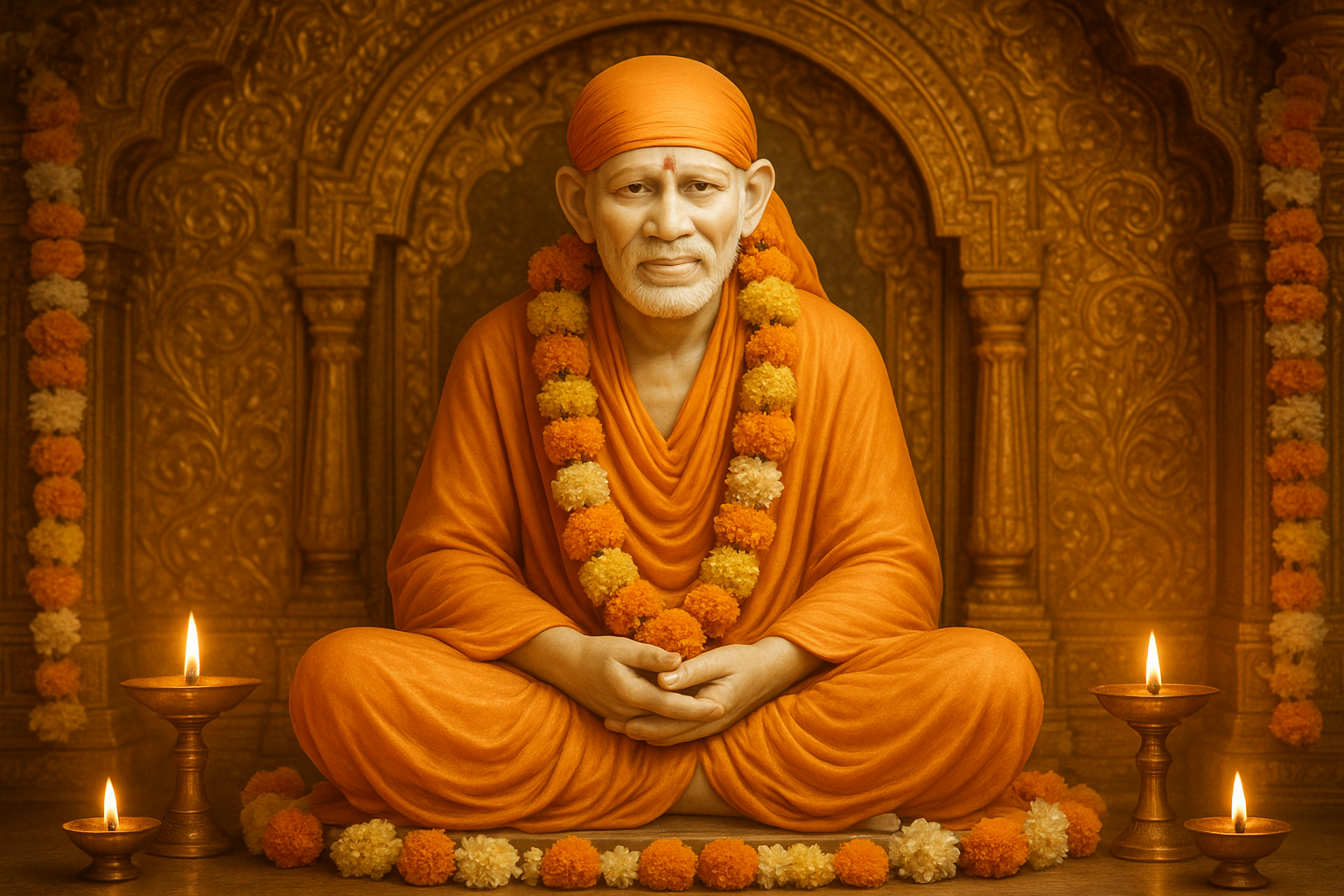 साई सुदर्शन का पवित्र मुर्ति फूलों की माला और जलती हुई दीपों से सजा हुआ