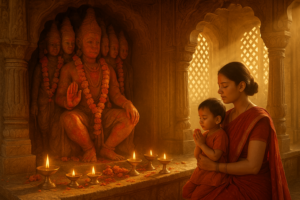 Devotee performing Santan Saptami vrat worship to Lord Surya for progeny blessings