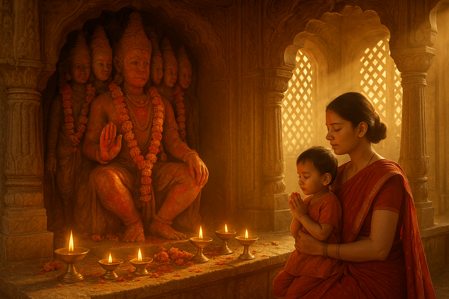 संतान सप्तमी व्रत के दिन माता और बालक की पूजा, तेल के दीये और फूलों की सजावट