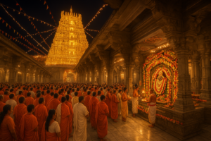 तिरुमला ब्रह्मोत्सवम दर्शन के समय मंदिर का भव्य गोपुरम, हजारों भक्त, फूलों की माला और जलती हुई दीये