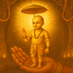 वामन द्वादशी महत्व को दर्शाता भगवान वामन का दिव्य चित्र, राजा बलि के हाथ पर खड़े, पीतल के दीप और फूलों की माला