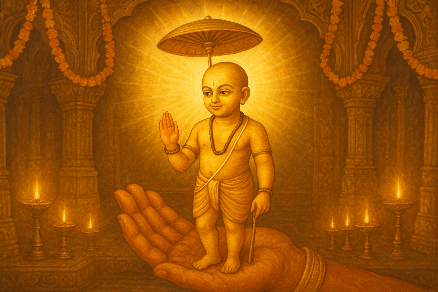 वामन द्वादशी महत्व को दर्शाता भगवान वामन का दिव्य चित्र, राजा बलि के हाथ पर खड़े, पीतल के दीप और फूलों की माला