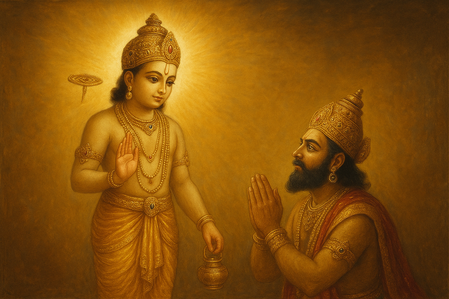 Lord Vishnu's Vamana Avatar appearing as dwarf Brahmin boy measuring three worlds