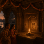 विष्णुपद मंदिर विकास के साथ गया का प्राचीन मंदिर, सोने की रोशनी में भगवान के चरण चिन्ह और फूलों की माला