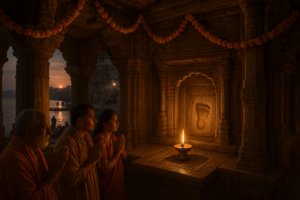 विष्णुपद मंदिर विकास के साथ गया का प्राचीन मंदिर, सोने की रोशनी में भगवान के चरण चिन्ह और फूलों की माला