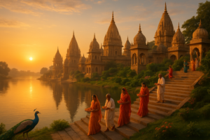 वृंदावन के प्रमुख मंदिर सूर्योदय में यमुना किनारे सोने की मीनारों के साथ दिख रहे हैं