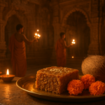 अंबाजी मोहनथाल प्रसाद जीआई टैग के साथ नवरात्रि पूजा के दौरान मंदिर में सुशोभित, फूलों और दीपों के बीच