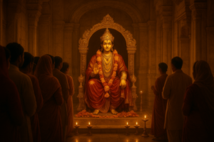 अयोध्या राम मंदिर दर्शन समय में भीड़ भरे गलियारे में राम लल्ला का मुख्य विग्रह सोने के आभूषणों से सजा हुआ