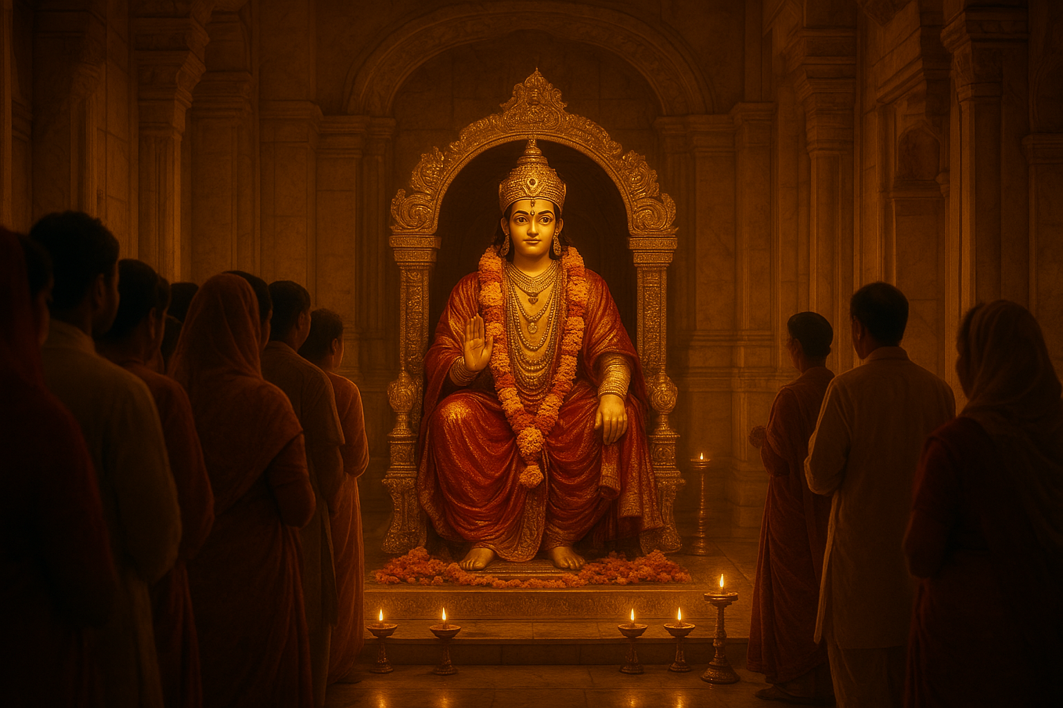 अयोध्या राम मंदिर दर्शन समय में भीड़ भरे गलियारे में राम लल्ला का मुख्य विग्रह सोने के आभूषणों से सजा हुआ