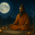 चंद्र ग्रह मुहूर्त के समय चाँद की रोशनी में ध्यान करते साधु और जलते दीये, आध्यात्मिक शांति