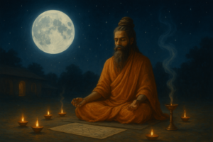 चंद्र ग्रह मुहूर्त के समय चाँद की रोशनी में ध्यान करते साधु और जलते दीये, आध्यात्मिक शांति