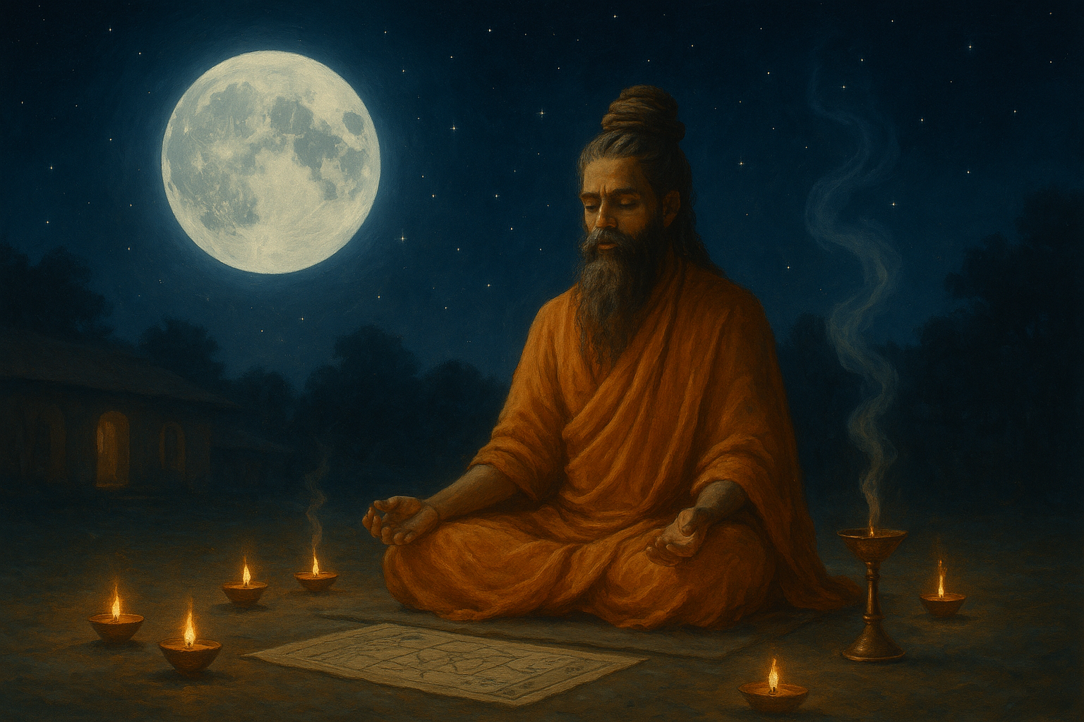 चंद्र ग्रह मुहूर्त के समय चाँद की रोशनी में ध्यान करते साधु और जलते दीये, आध्यात्मिक शांति