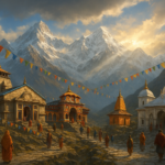 चार धाम यात्रा के पवित्र मंदिर हिमालय की बर्फीली चोटियों पर, सुबह की धूप और प्रार्थना के झंडे