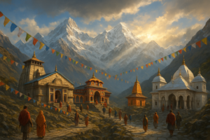 चार धाम यात्रा के पवित्र मंदिर हिमालय की बर्फीली चोटियों पर, सुबह की धूप और प्रार्थना के झंडे