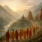 चारधाम यात्रा में भक्त पवित्र मंदिरों की ओर पहाड़ी रास्तों पर चढ़ते हुए, सुबह की रोशनी में
