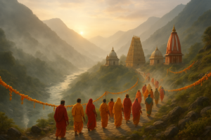 चारधाम यात्रा में भक्त पवित्र मंदिरों की ओर पहाड़ी रास्तों पर चढ़ते हुए, सुबह की रोशनी में