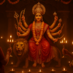 दुर्गा अष्टमी महा नवमी 2026 पूजन में माँ दुर्गा सिंह पर विराजमान, सोने का श्रृंगार, जलती दीये और फूलों की माला