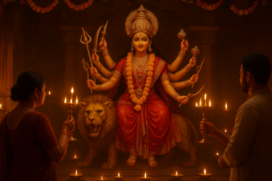 दुर्गा अष्टमी महा नवमी 2026 पूजन में माँ दुर्गा सिंह पर विराजमान, सोने का श्रृंगार, जलती दीये और फूलों की माला