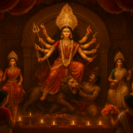 दुर्गा पूजा कोलकाता गुवाहाटी के पंडाल में माता दुर्गा की भव्य मूर्ति, सोने की राली, फूलों की माला और जलती दीपें