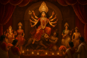 दुर्गा पूजा कोलकाता गुवाहाटी के पंडाल में माता दुर्गा की भव्य मूर्ति, सोने की राली, फूलों की माला और जलती दीपें
