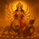 दशहरा त्योहार का जश्न माता दुर्गा की मूर्ति, सिंह पर विराजमान, दीये और फूलों की माला से सजा हुआ