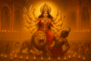 दशहरा त्योहार का जश्न माता दुर्गा की मूर्ति, सिंह पर विराजमान, दीये और फूलों की माला से सजा हुआ