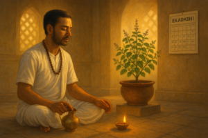 एकादशी व्रत पितृ पक्ष के दौरान प्रातः काल में तुलसी के पास दीपक जलाते हुए भक्त