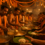 मुफ्त मंदिर भोजन योजना के तहत दक्षिण भारतीय मंदिर में भक्तों को गर्म भोजन परोसा जा रहा है