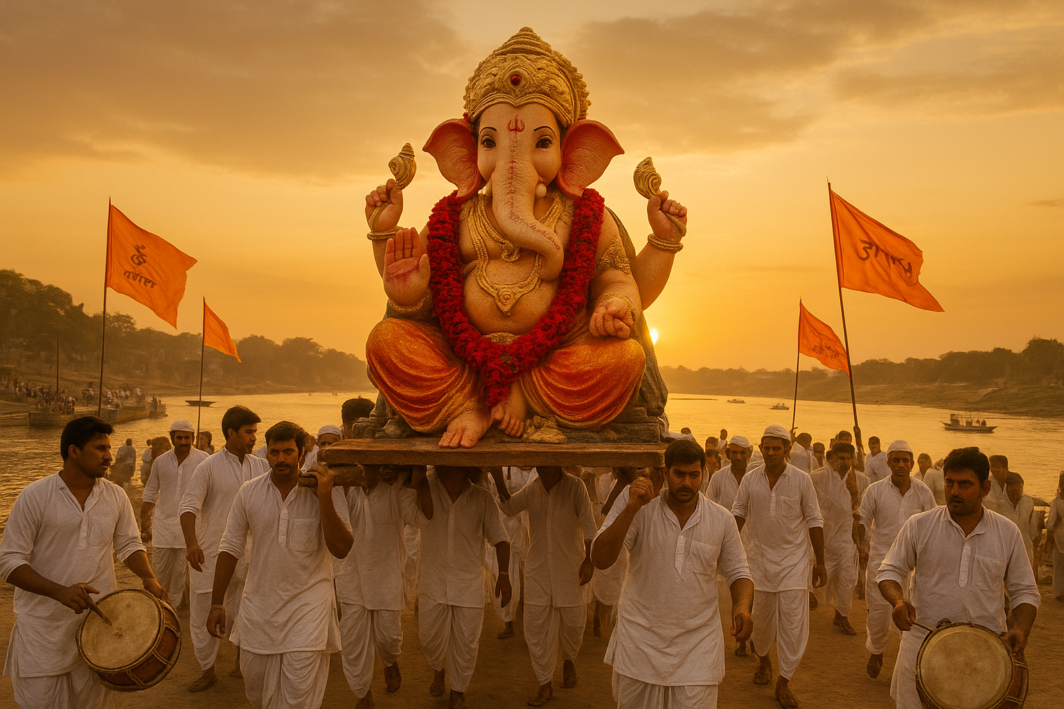 गणपति विसर्जन कालबुर्गी में नदी के घाट पर भक्तों के साथ विशाल गणेश मूर्ति का पानी में विसर्जन