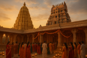 जर्मनी का सबसे बड़ा हिंदू मंदिर दिवाली पर सजा हुआ, सोने की शिखर, फूलों की माला और दीये जल रहे हैं
