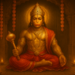 हनुमान चालीसा का पाठ करते समय भगवान हनुमान का मूर्ति, दीप और फूलों की माला से सजा हुआ मंदिर