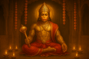Devotee reciting Hanuman Chalisa with reverence before Lord Hanuman idol