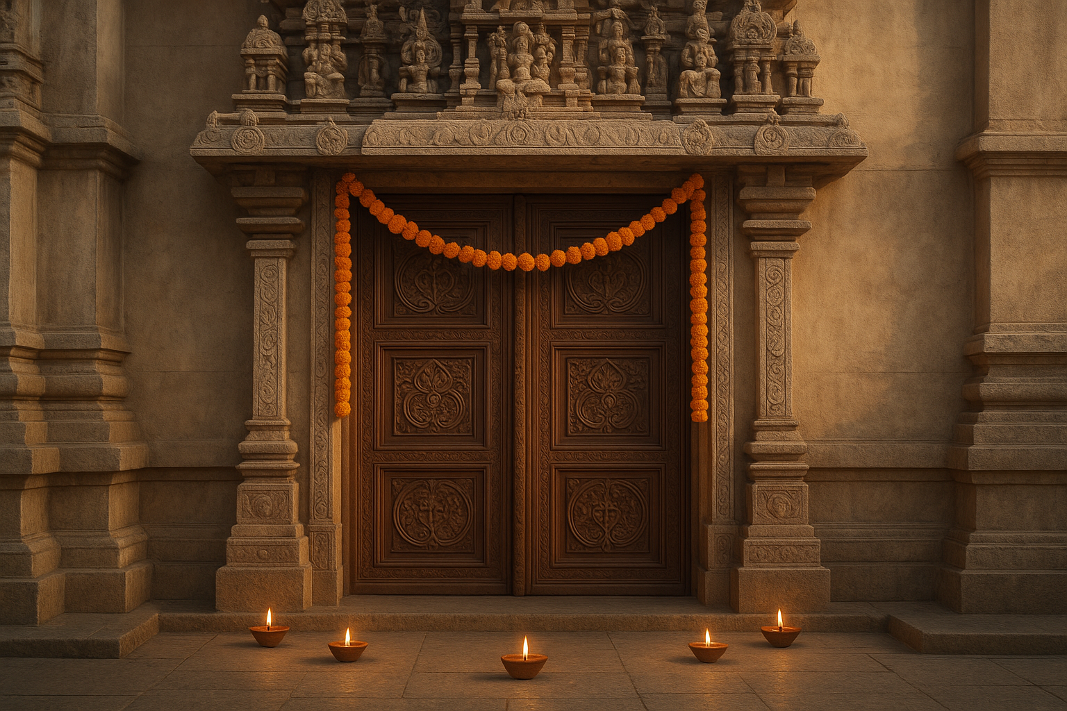 हिंदू मंदिर पर हमला से बचाव के लिए मंदिर की पवित्र शांति, फूलों की माला और दीपक से सजा हुआ