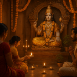 इंदिरा एकादशी 2026 पूजन में भगवान विष्णु की सोने के आभूषण से सजी मूर्ति, जलती दीपों की आभा और फूलों की माला