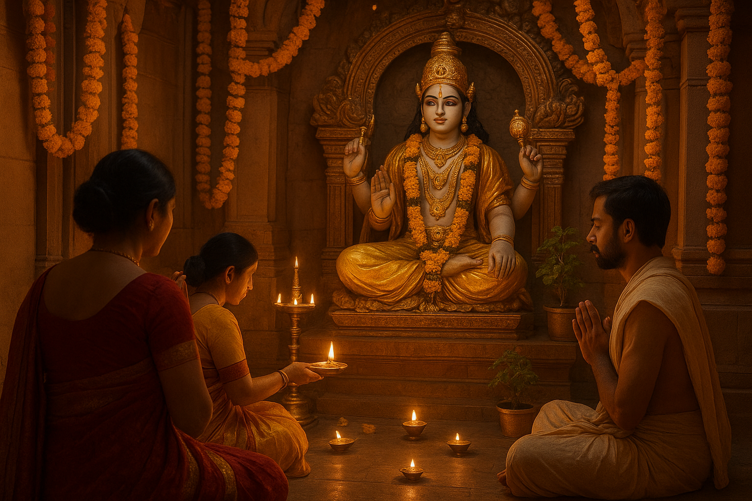 इंदिरा एकादशी 2026 पूजन में भगवान विष्णु की सोने के आभूषण से सजी मूर्ति, जलती दीपों की आभा और फूलों की माला