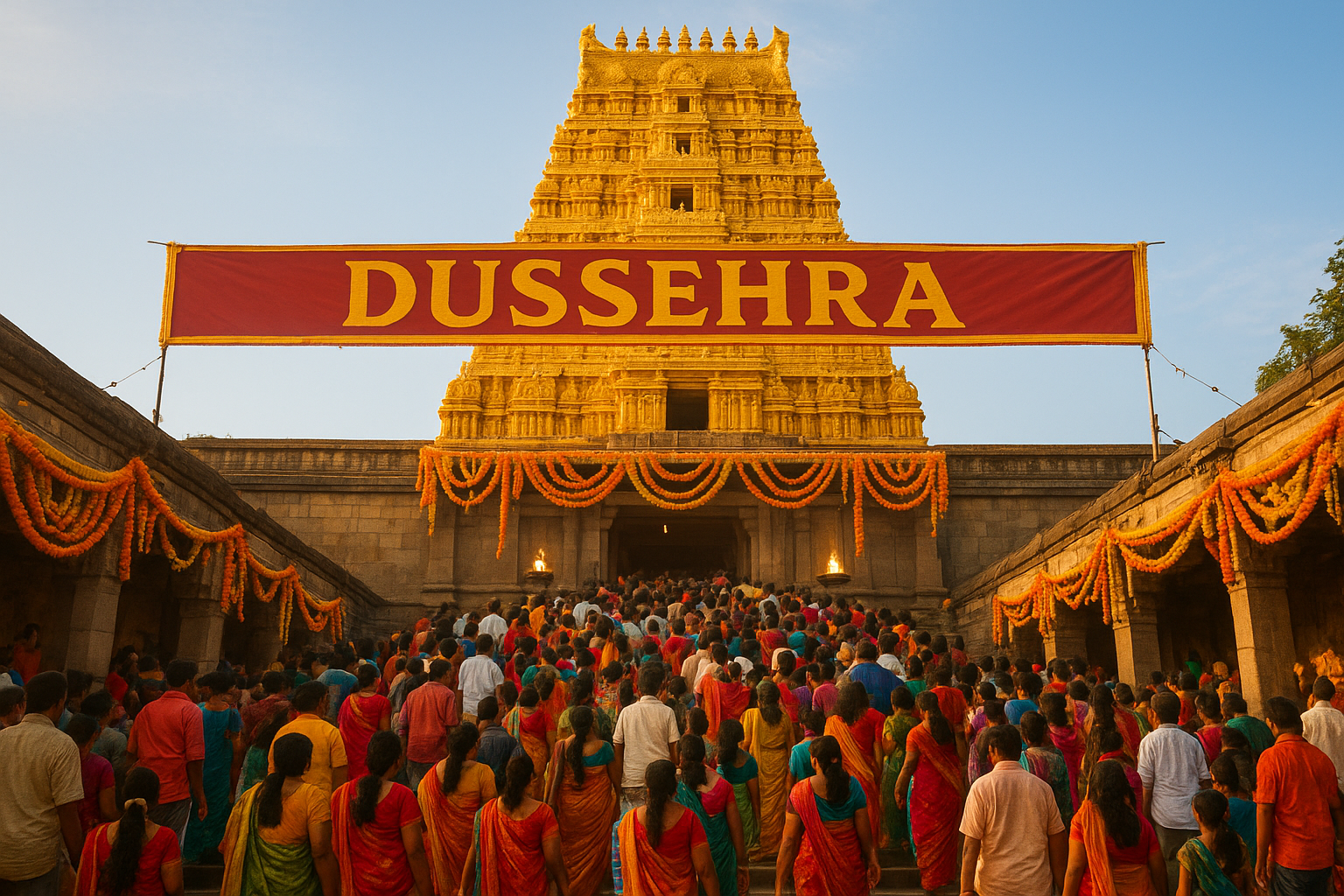 इंद्रकीलाद्रि दशहरा दर्शन के लिए भीड़ में भक्त, सीढ़ियों पर चढ़ते हुए, मंदिर का सुनहरा गोपुरम