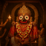 जगन्नाथ दर्शन योजना के तहत पुरी मंदिर में भगवान जगन्नाथ का विग्रह, सोने के आभूषण और फूलों की माला से सजा हुआ